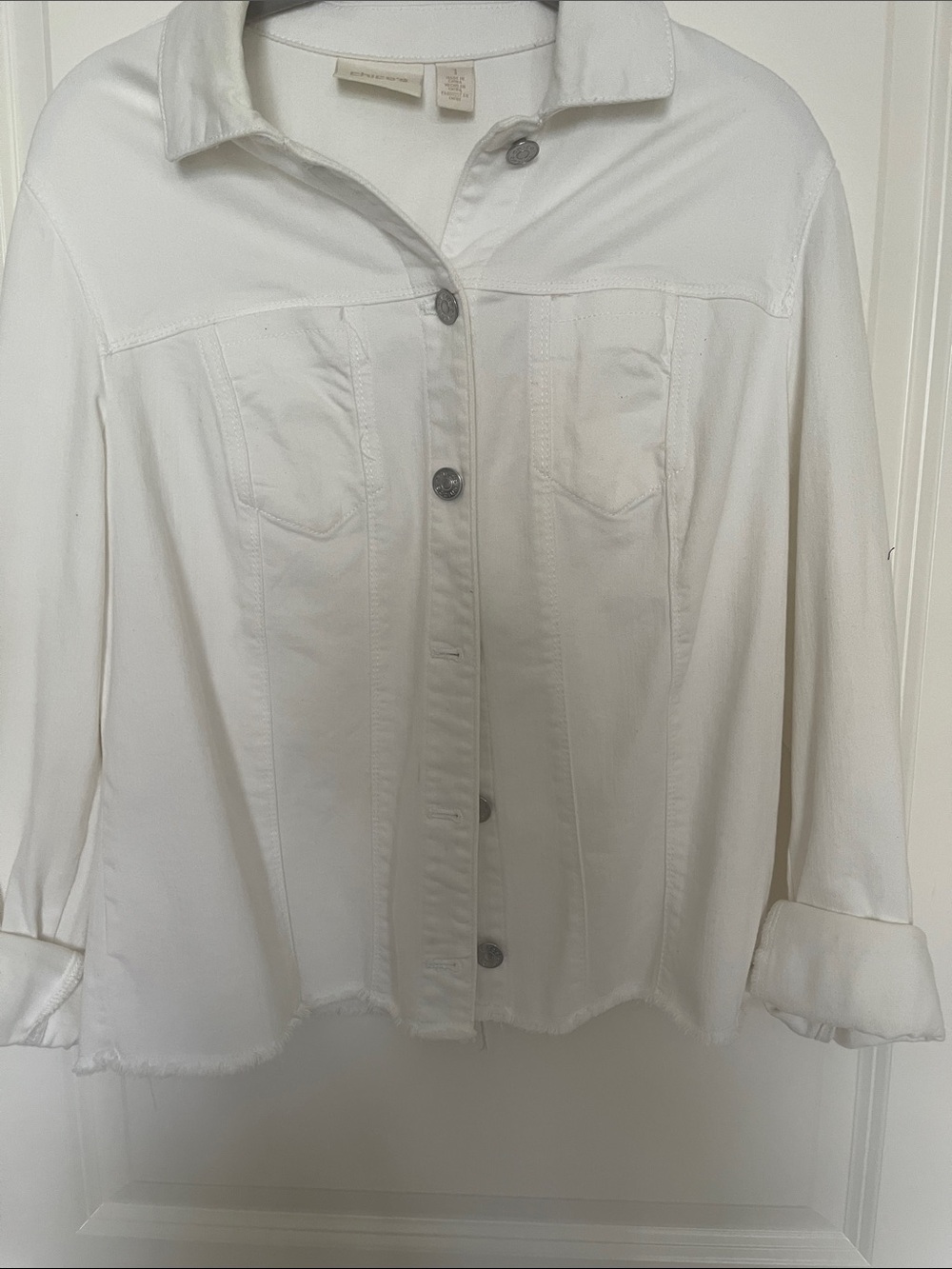 Chico's White Jean Jacket with Branded Snap